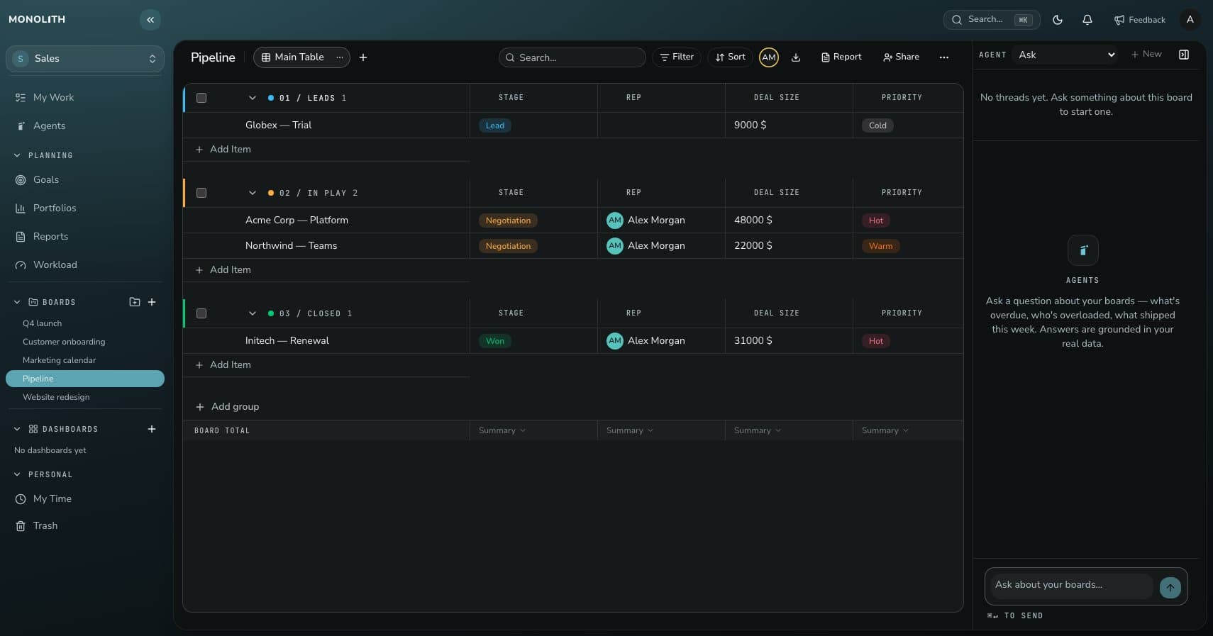 Monolith agent dock beside a board, with workspace questions and a prompt field