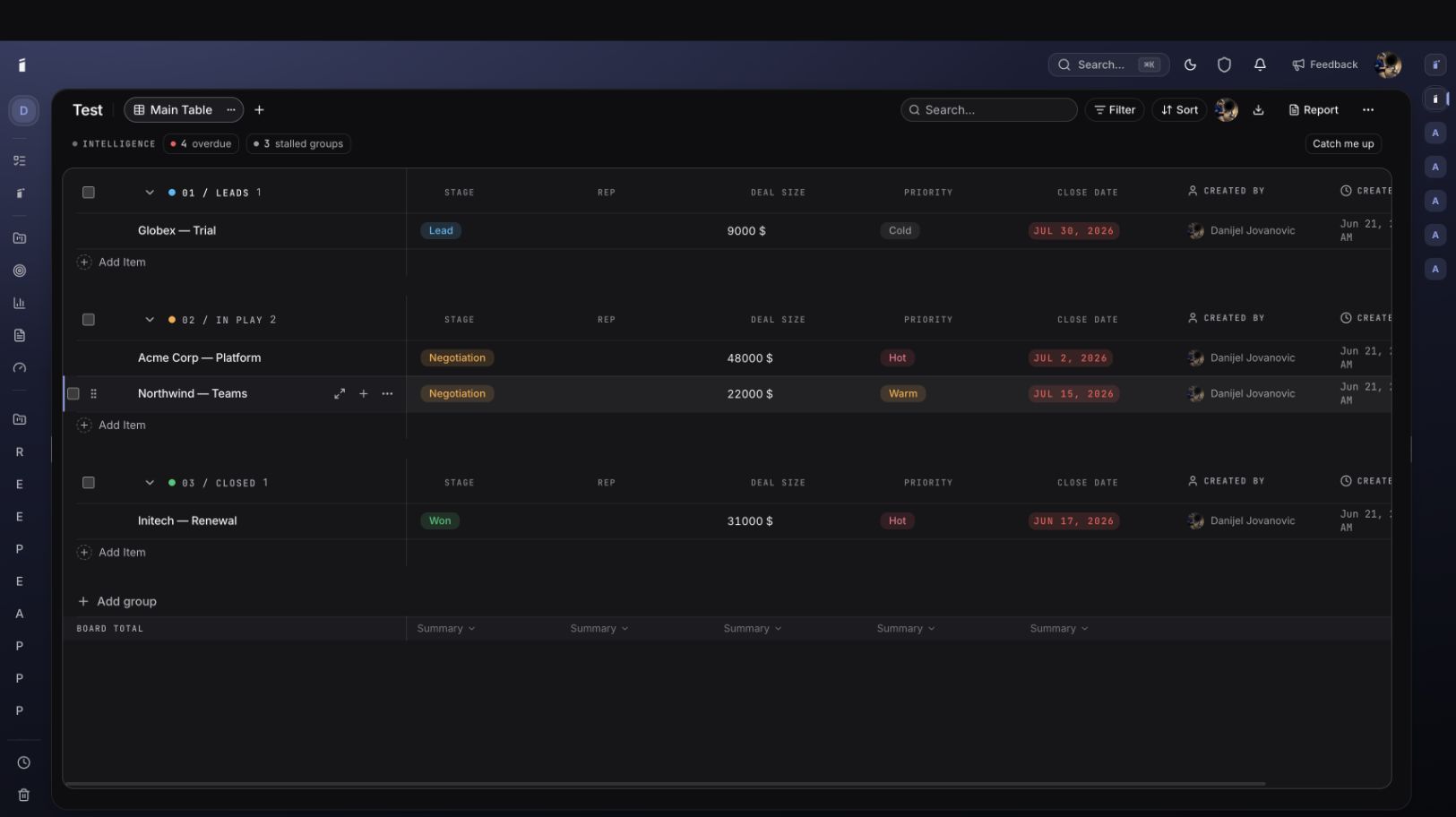 Monolith board with grouped tasks, owners and status columns